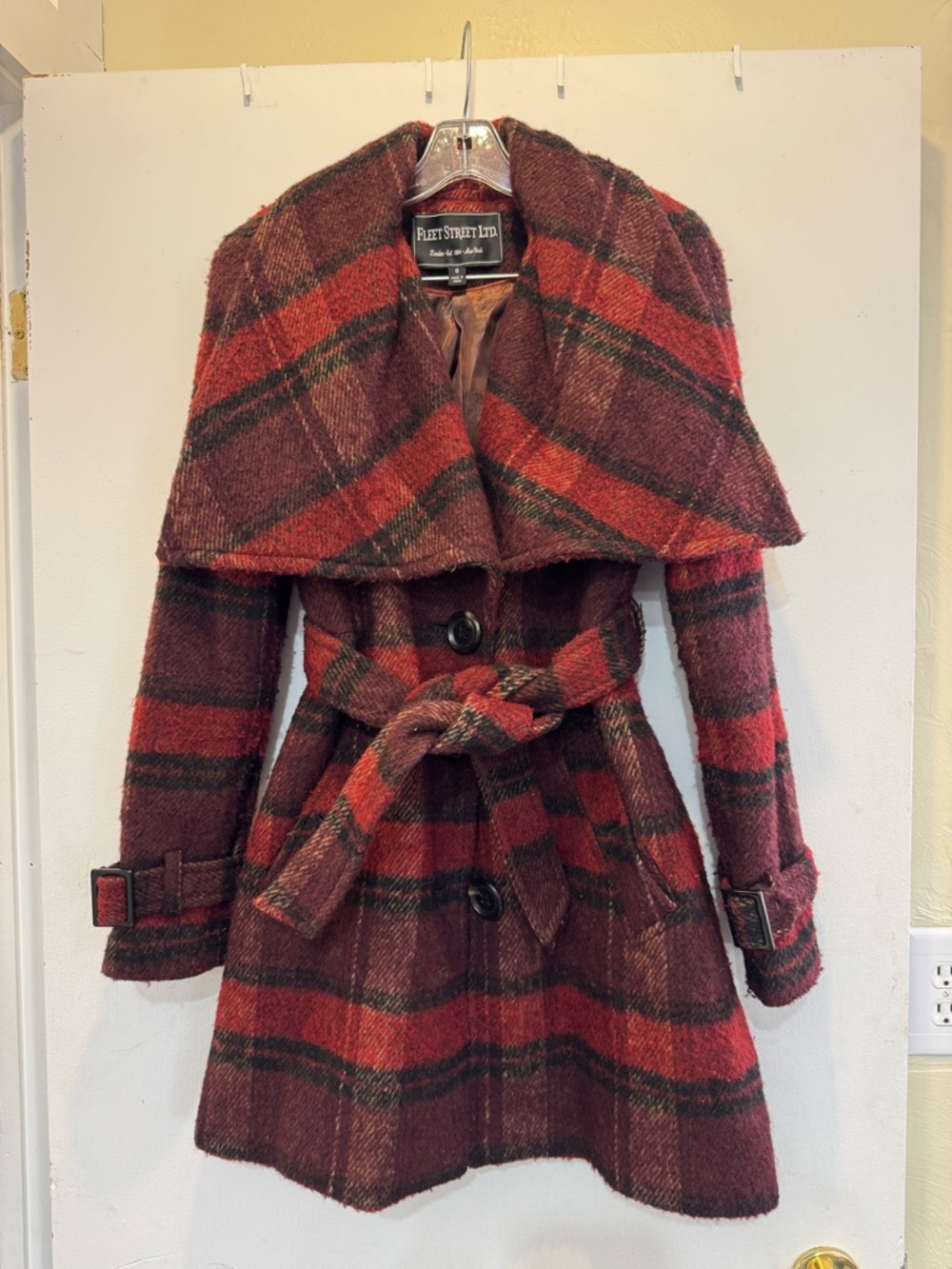 Red Plaid Wool-Blend Belted Trench Coat